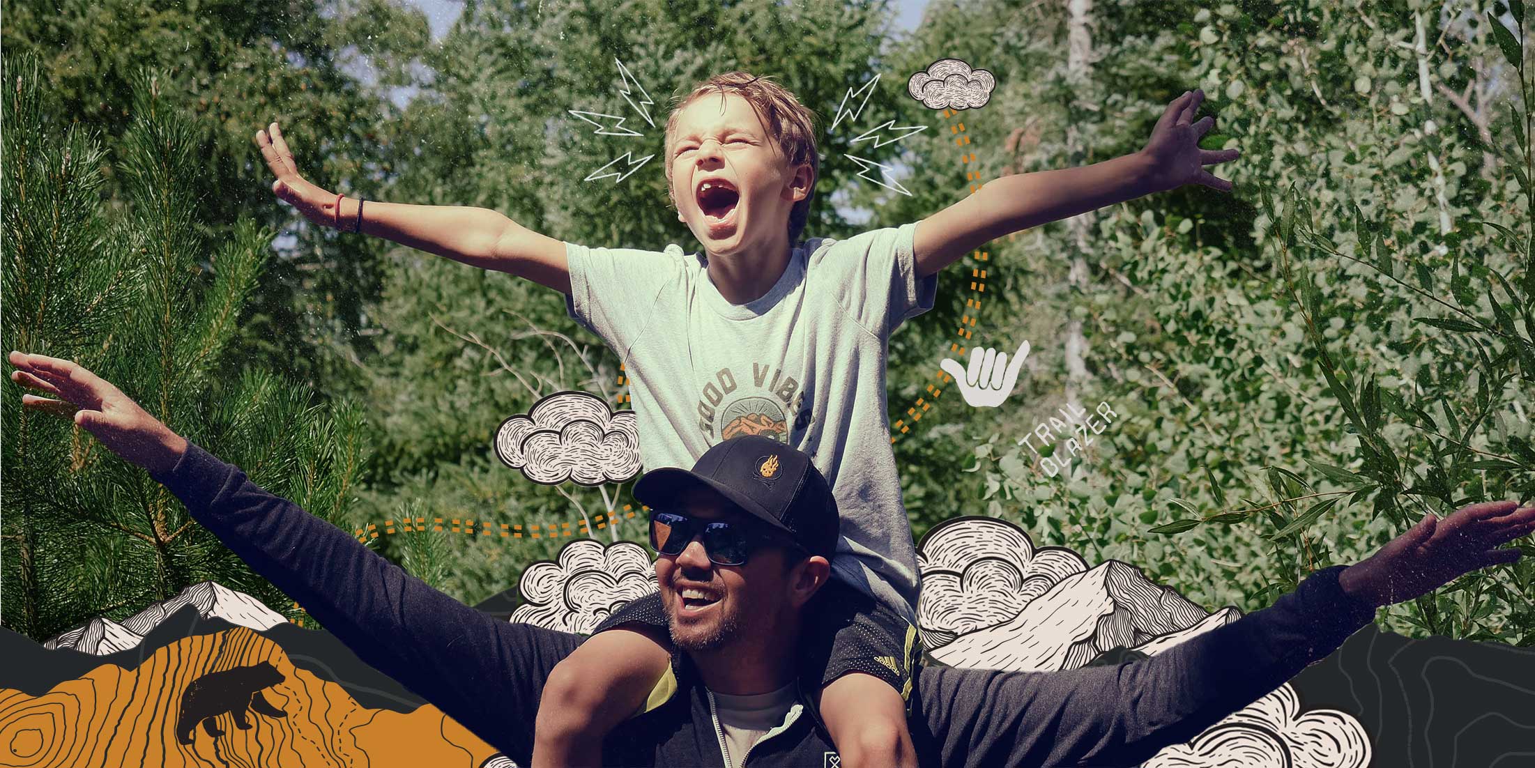 Milk x Whiskey - Awesome Styles. A Father and son hiking in the outdoors. The son is on his fathers shoulders pretending to fly with a ton of excitement for the outdoors.
