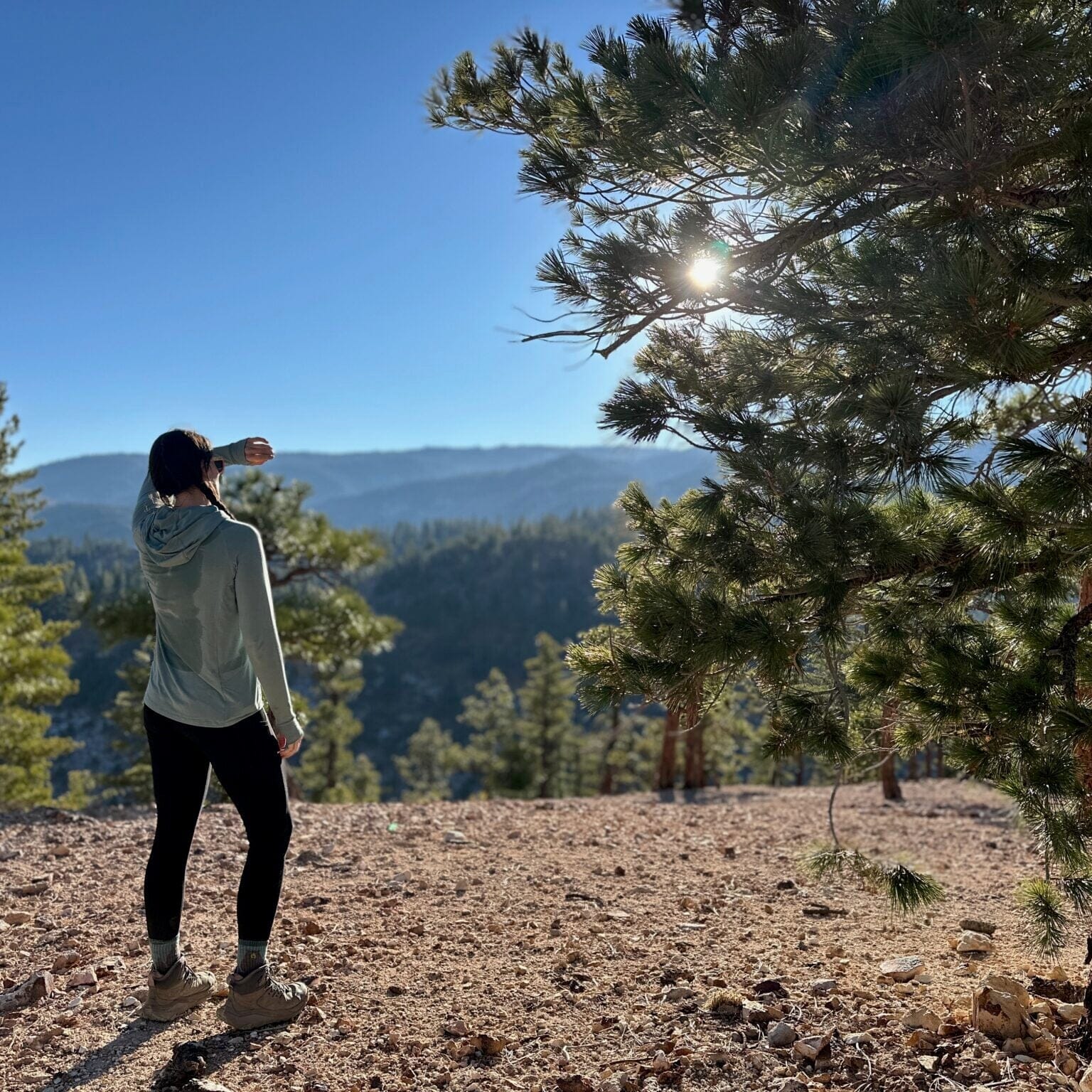 Person standing on a mountain top with trees and a clear sky wearing the best sun hoodie 