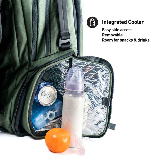 The interchangeable cooler can hold milk, your beverages and an icepack. Don't forget the snacks.
