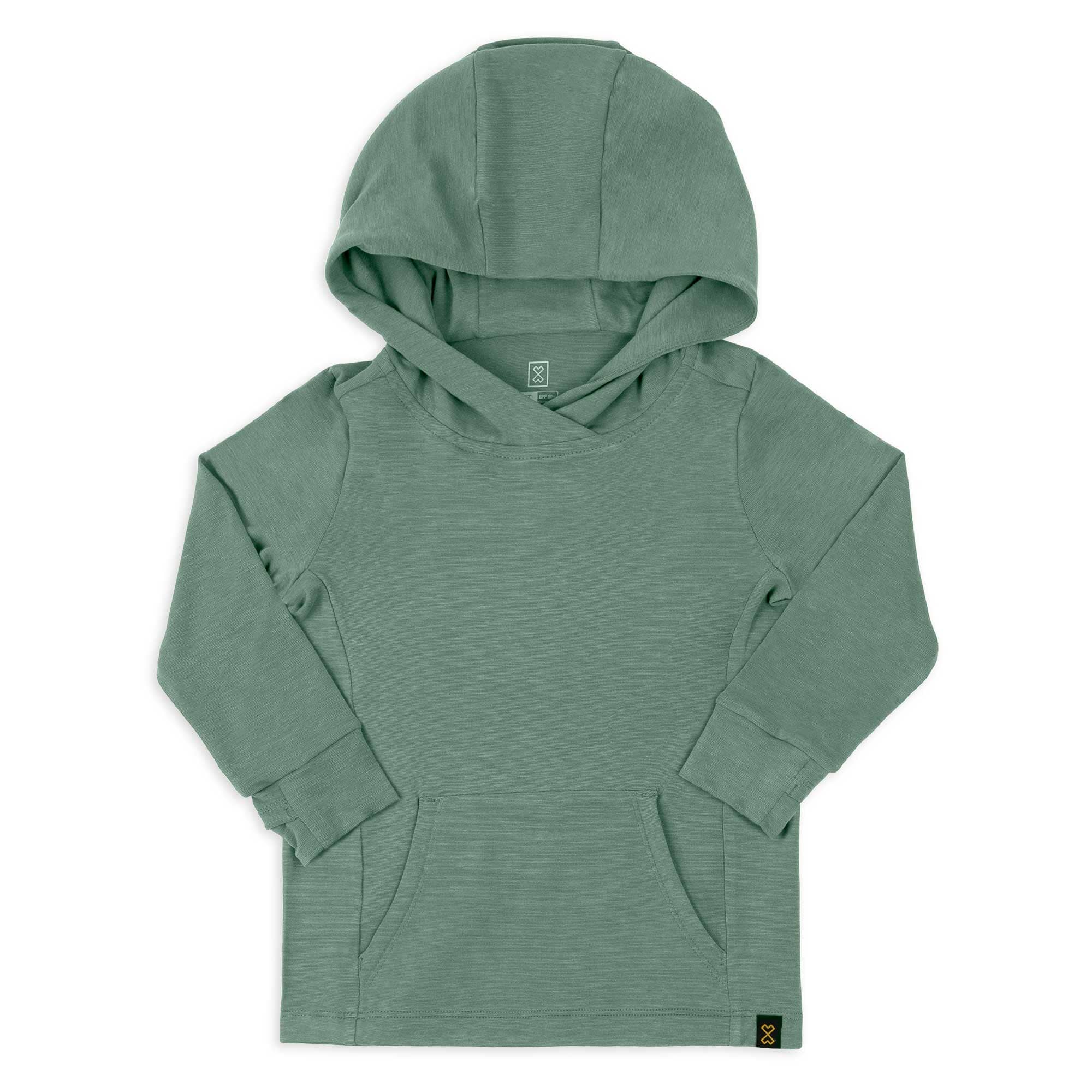 Green toddler sun protection hoodie with UPF 50+, breathable and eco-friendly fabric.