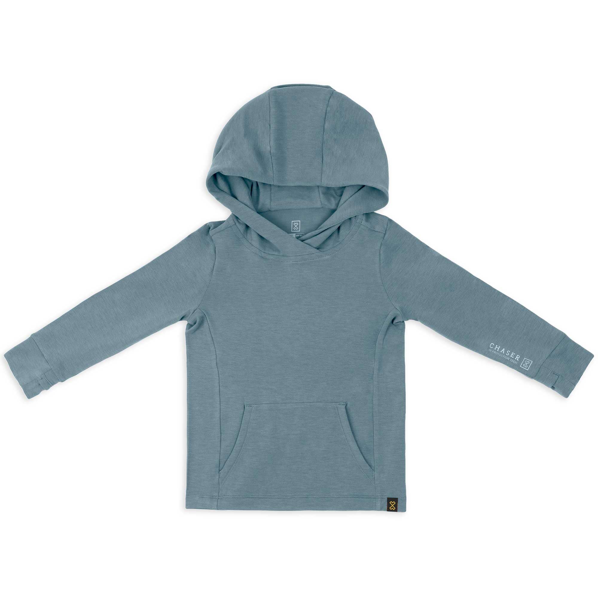 CHASER Toddler Sun Hoodie in blue with UPF 50+ protection for sun safety and eco-friendly comfort.