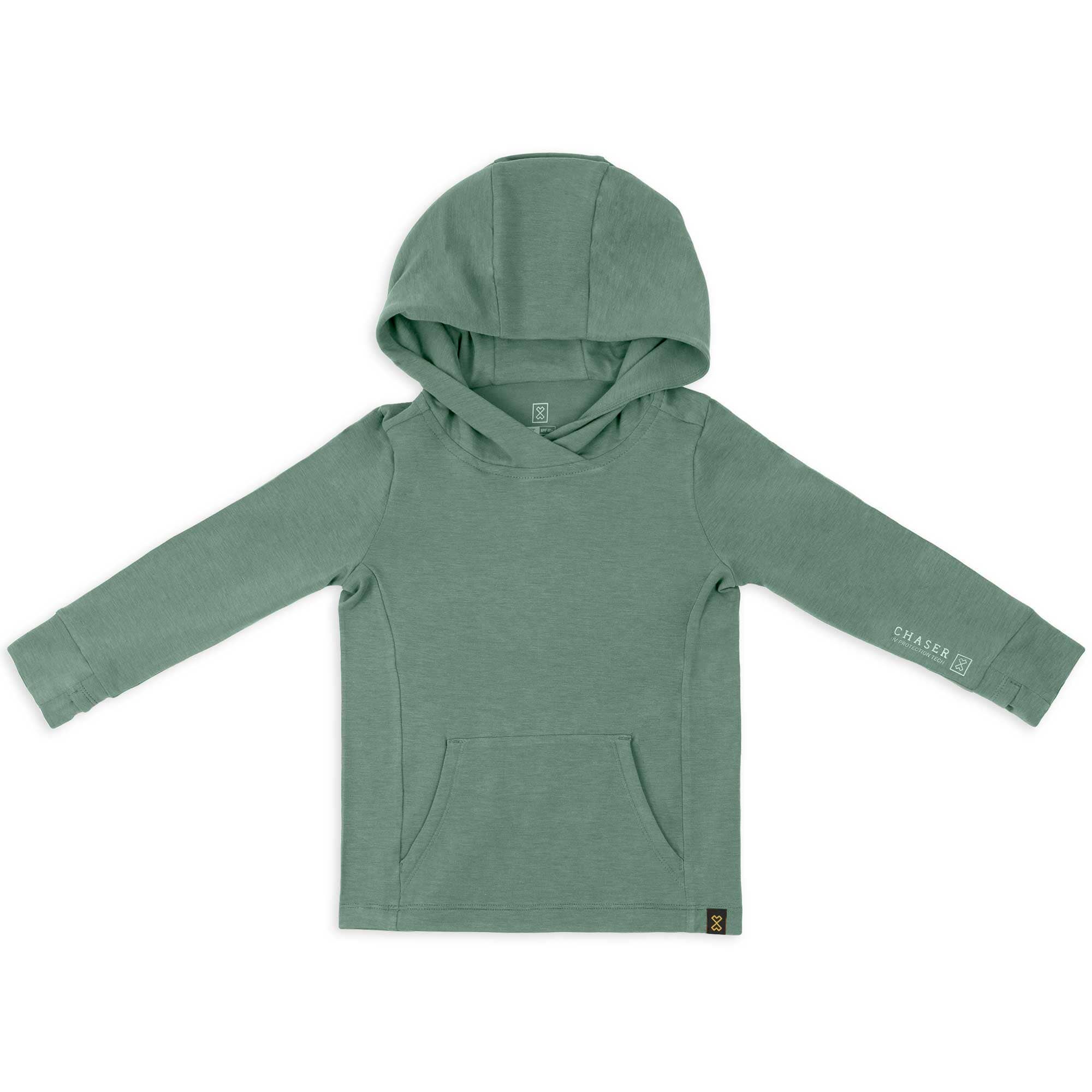 Green CHASER toddler sun hoodie with UPF50+ protection, eco-friendly and breathable fabric for sun safety and outdoor play.